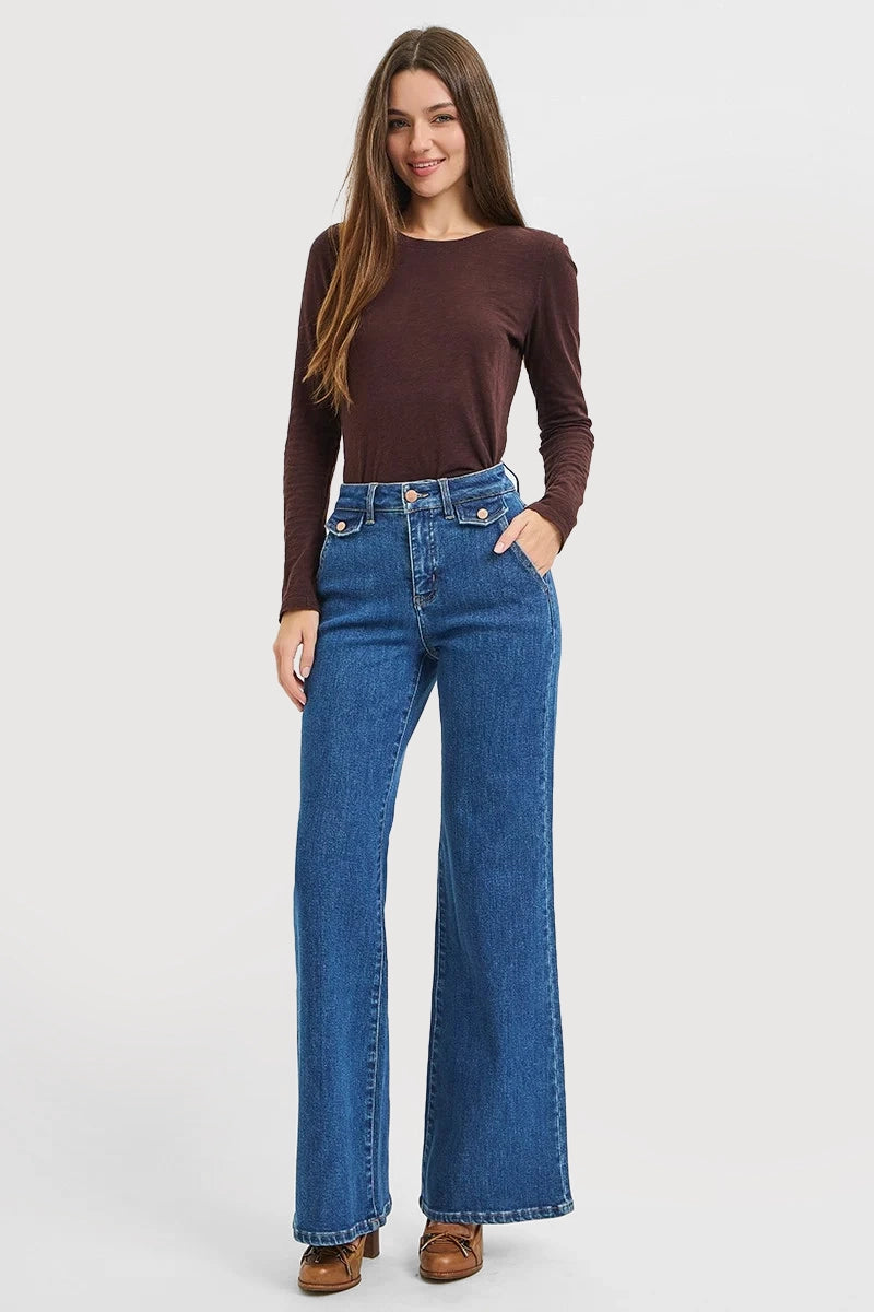 HIGH RISE WIDE FLARE FRONT FLAP DETAIL JEANS