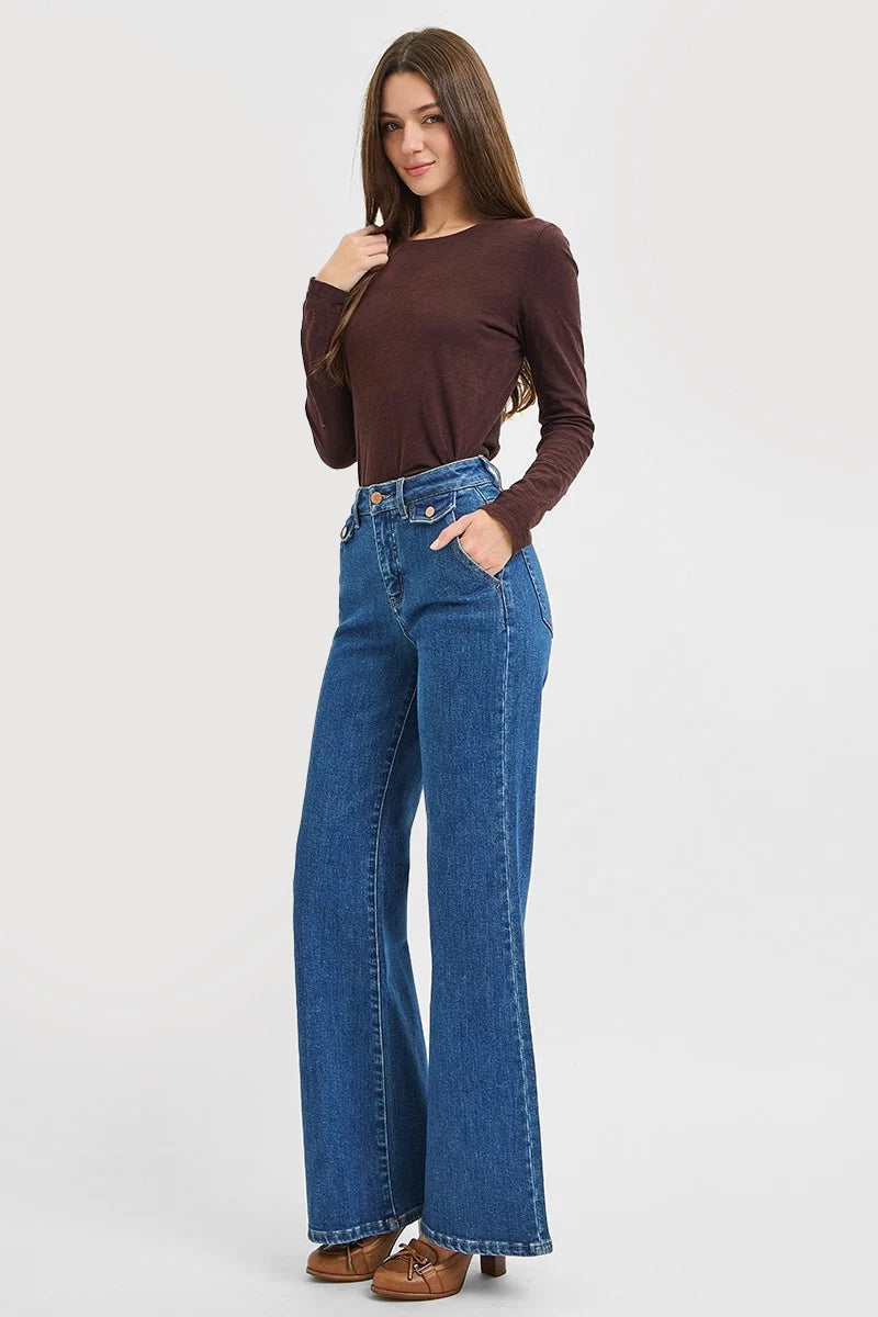 HIGH RISE WIDE FLARE FRONT FLAP DETAIL JEANS