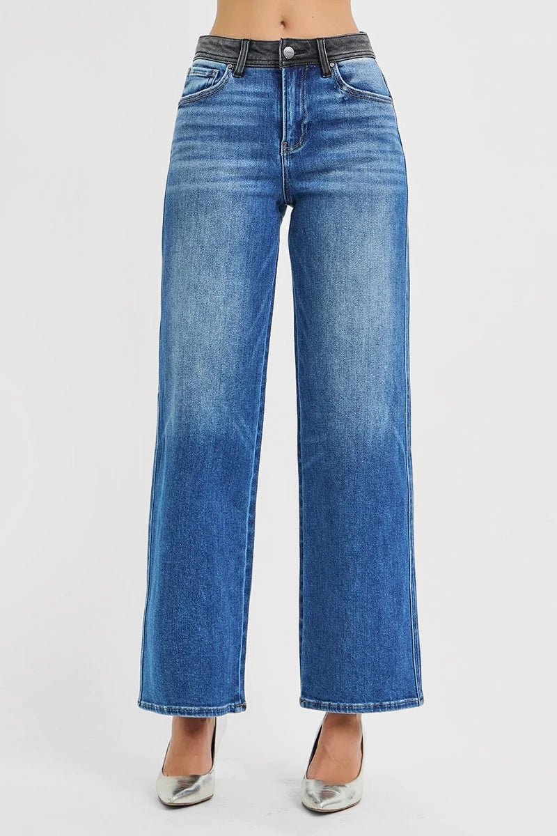 HIGH RISE WIDE STRAIGHT LEG JEANS WITH CONTRAST WAIST