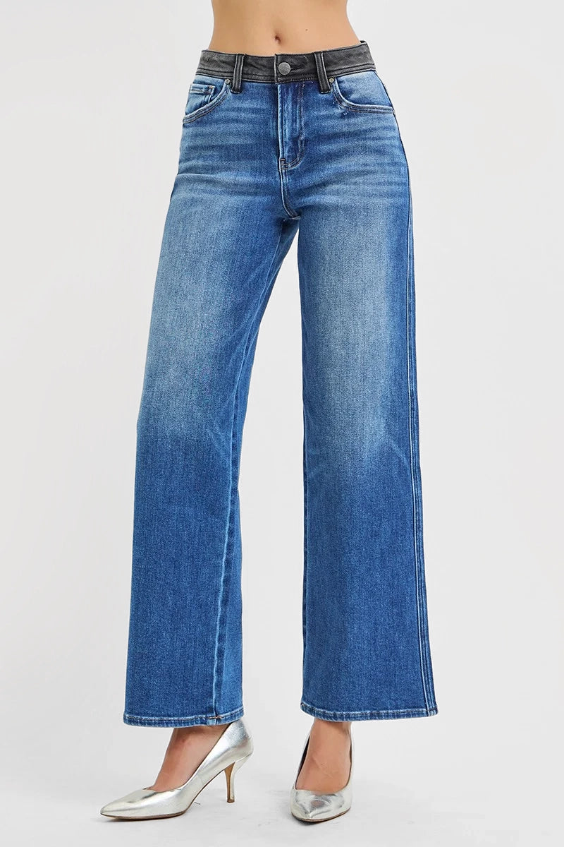 HIGH RISE WIDE STRAIGHT LEG JEANS WITH CONTRAST WAIST