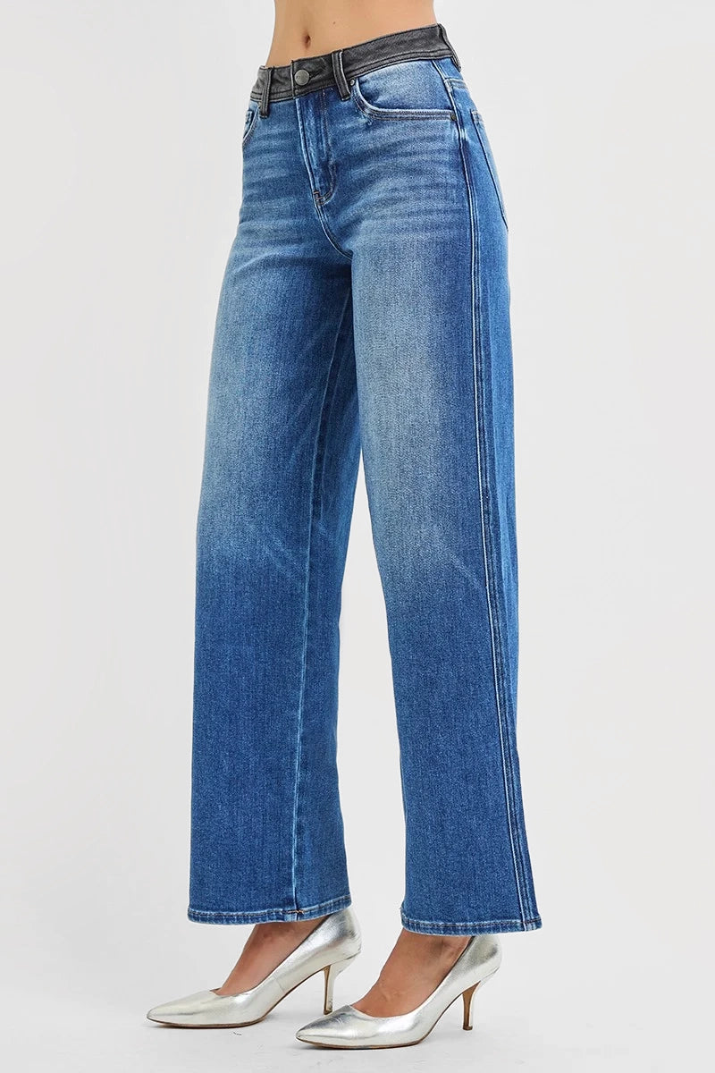 HIGH RISE WIDE STRAIGHT LEG JEANS WITH CONTRAST WAIST