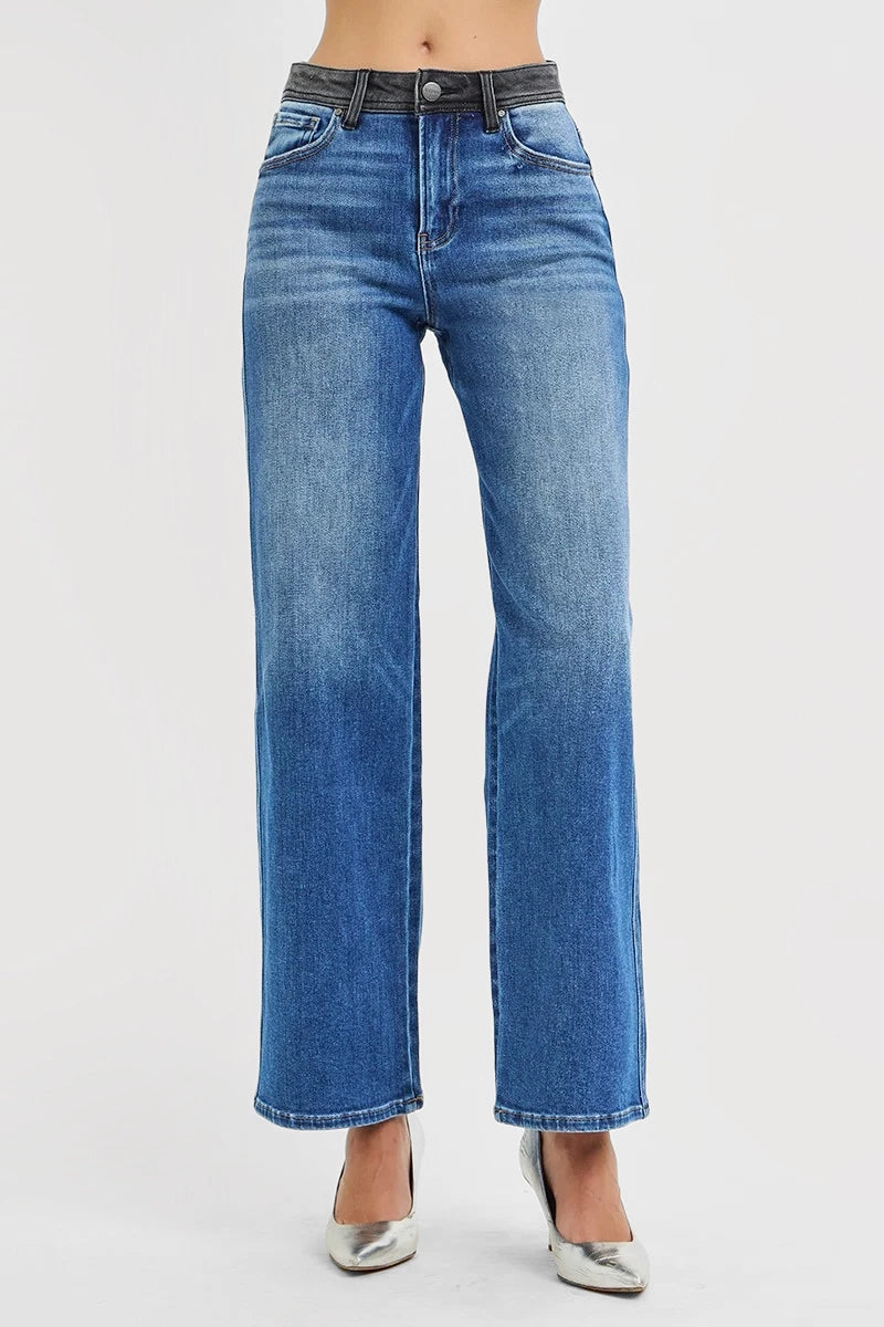 HIGH RISE WIDE STRAIGHT LEG JEANS WITH CONTRAST WAIST