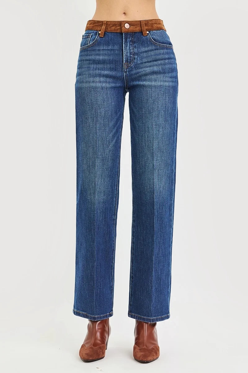 HIGH RISE STRAIGHT JEANS WITH SUEDE CONTRAST DETAILS