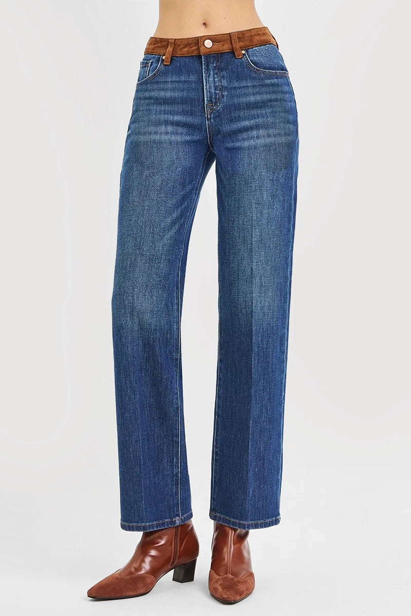 HIGH RISE STRAIGHT JEANS WITH SUEDE CONTRAST DETAILS