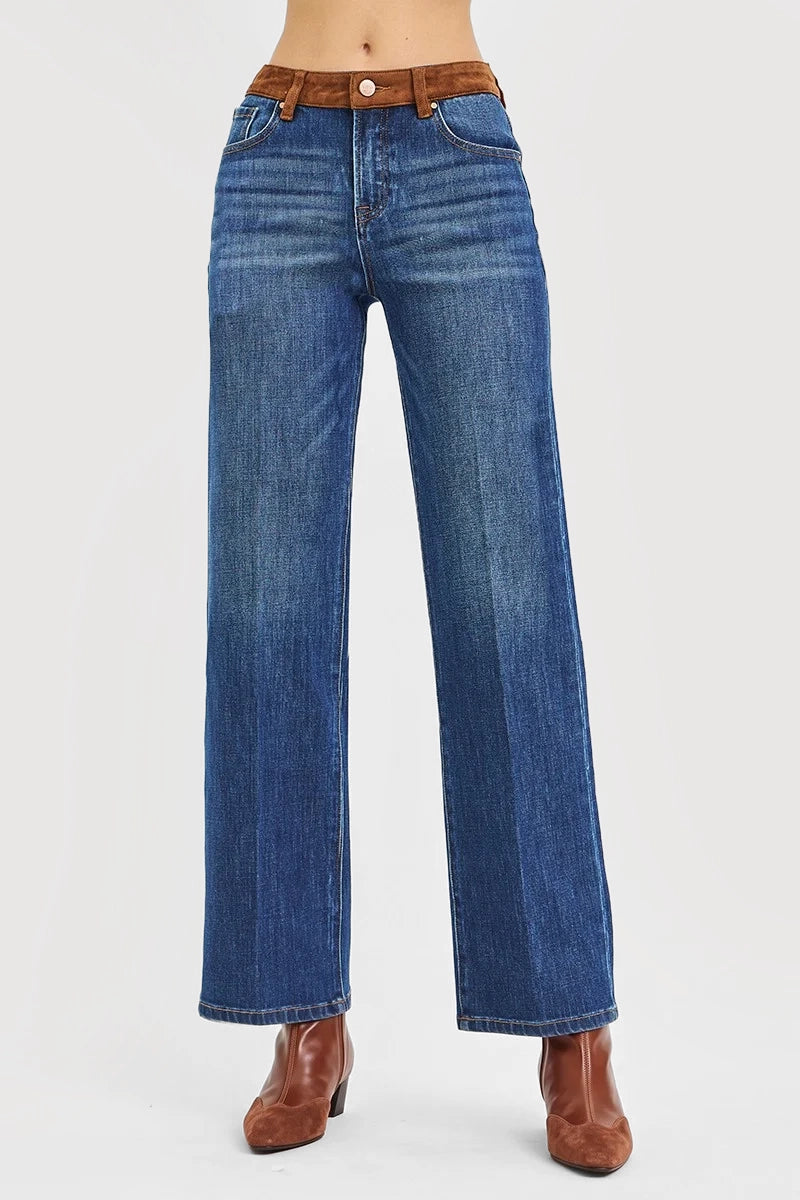 HIGH RISE STRAIGHT JEANS WITH SUEDE CONTRAST DETAILS