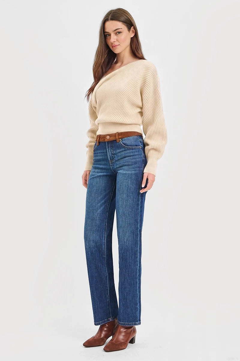 HIGH RISE STRAIGHT JEANS WITH SUEDE CONTRAST DETAILS
