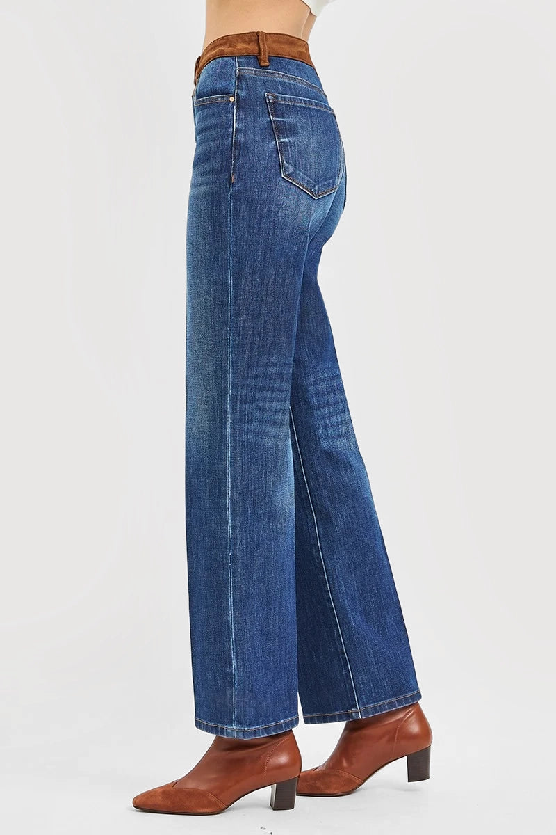 HIGH RISE STRAIGHT JEANS WITH SUEDE CONTRAST DETAILS