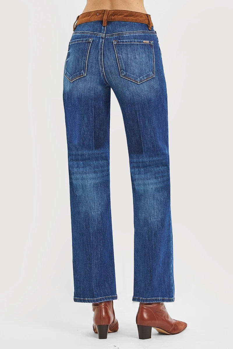 HIGH RISE STRAIGHT JEANS WITH SUEDE CONTRAST DETAILS