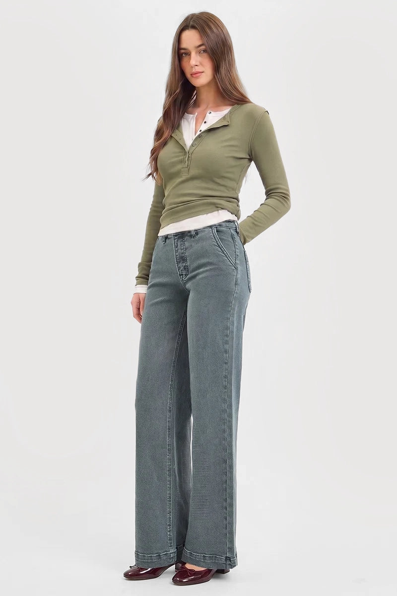 HIGH RISE WIDE LEG SLANT POCKET PANTS