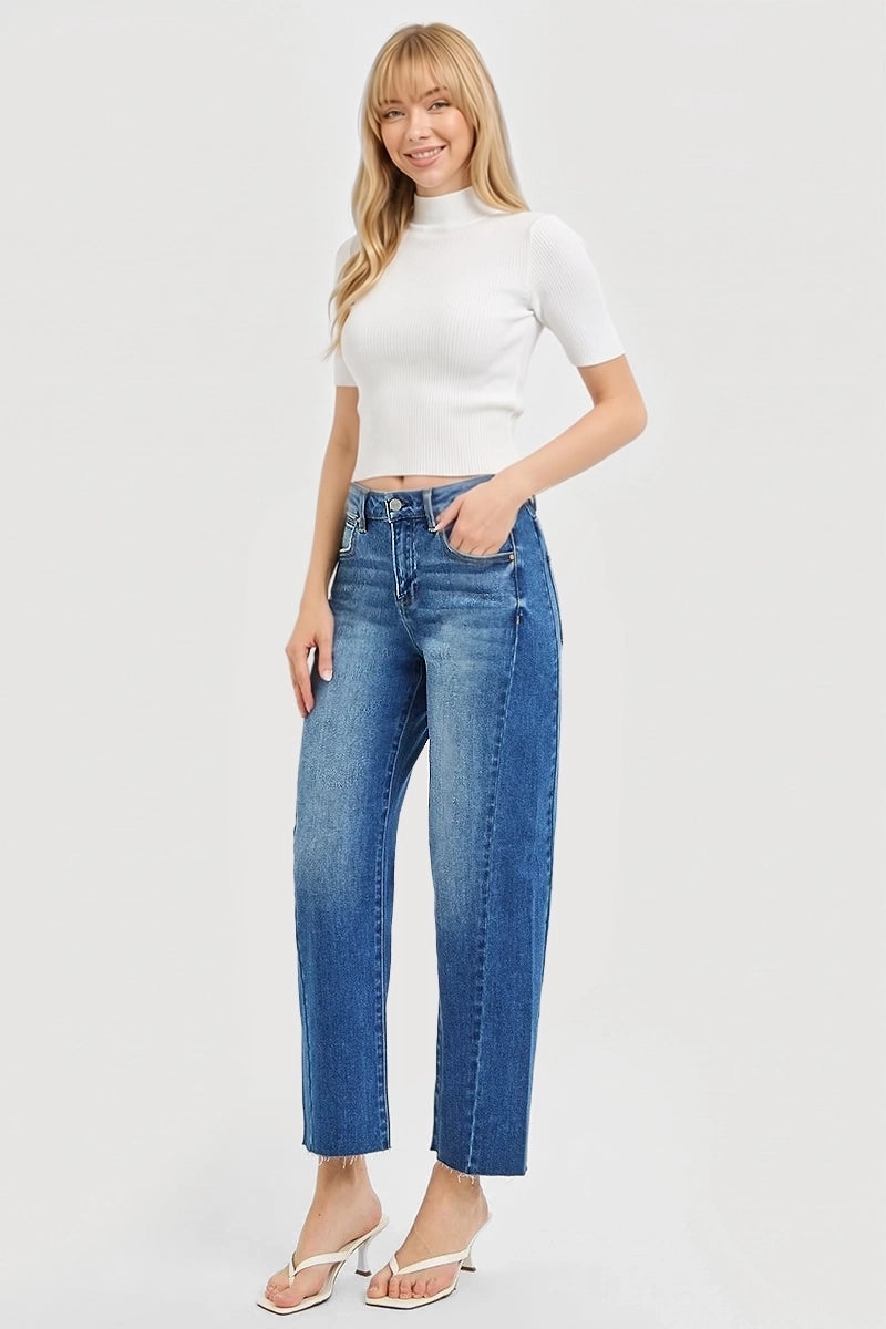 SLOUCHY CROP BARREL CURVED SIDE SEAM DETAIL JEANS