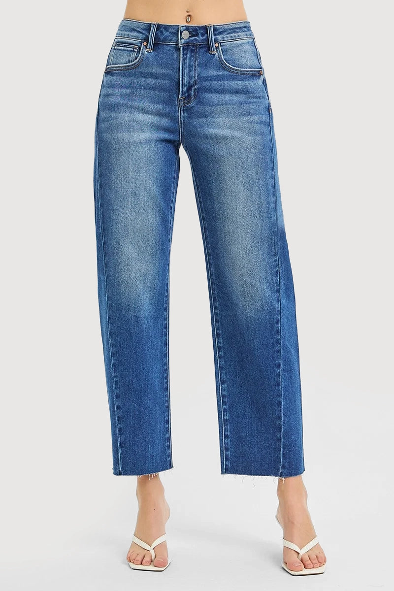 SLOUCHY CROP BARREL CURVED SIDE SEAM DETAIL JEANS