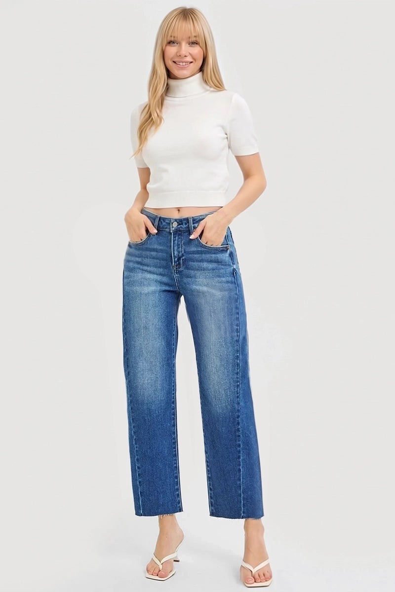 SLOUCHY CROP BARREL CURVED SIDE SEAM DETAIL JEANS