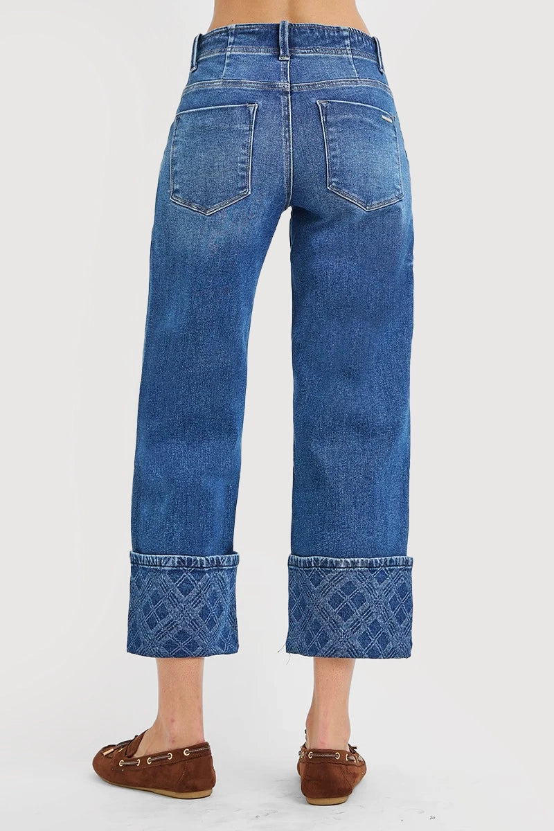HIGH RISE CROP WIDE JEANS WITH PLAID CUFFS