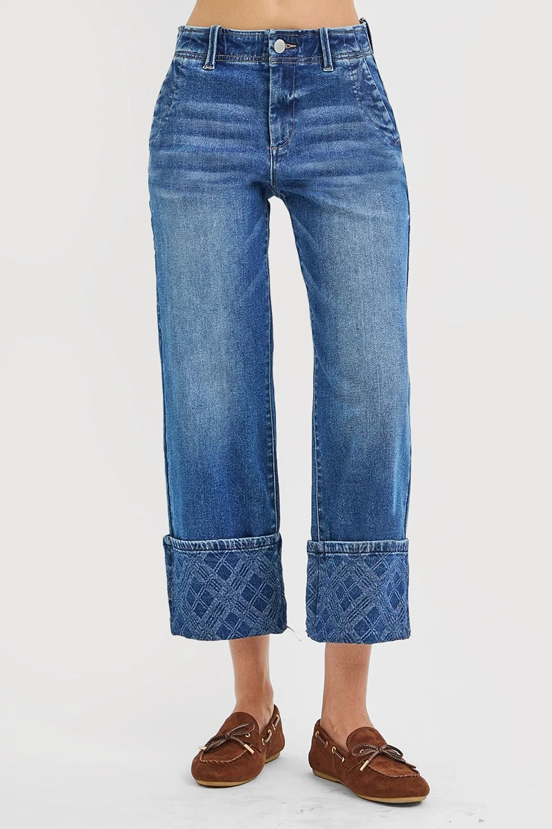 HIGH RISE CROP WIDE JEANS WITH PLAID CUFFS