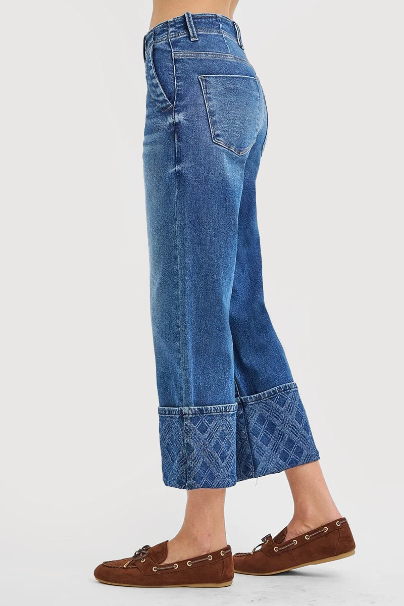 HIGH RISE CROP WIDE JEANS WITH PLAID CUFFS