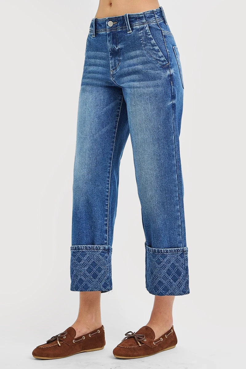 HIGH RISE CROP WIDE JEANS WITH PLAID CUFFS
