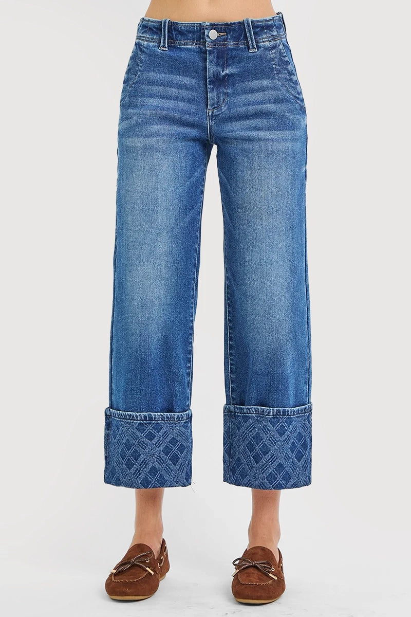 HIGH RISE CROP WIDE JEANS WITH PLAID CUFFS