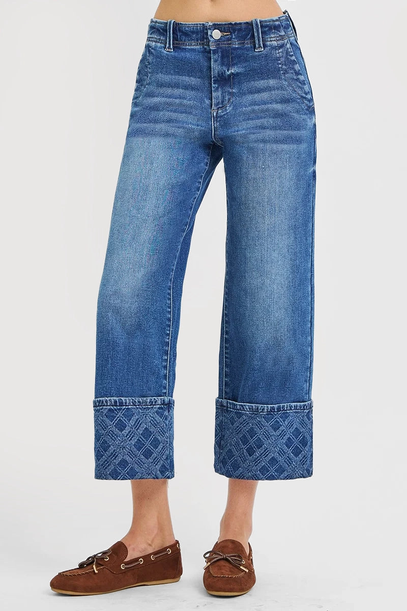 HIGH RISE CROP WIDE JEANS WITH PLAID CUFFS