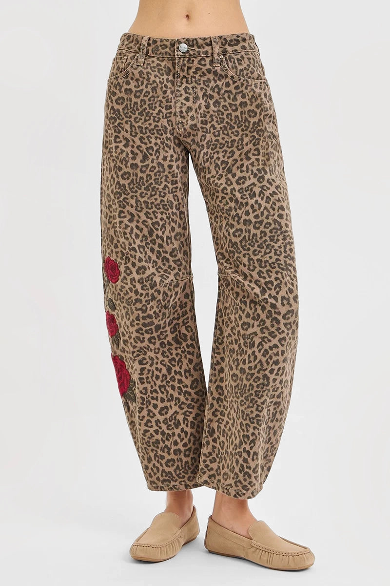 SLOUCHY BARREL ROSE EMBROIDERED LEOPARD PRINT PANTS