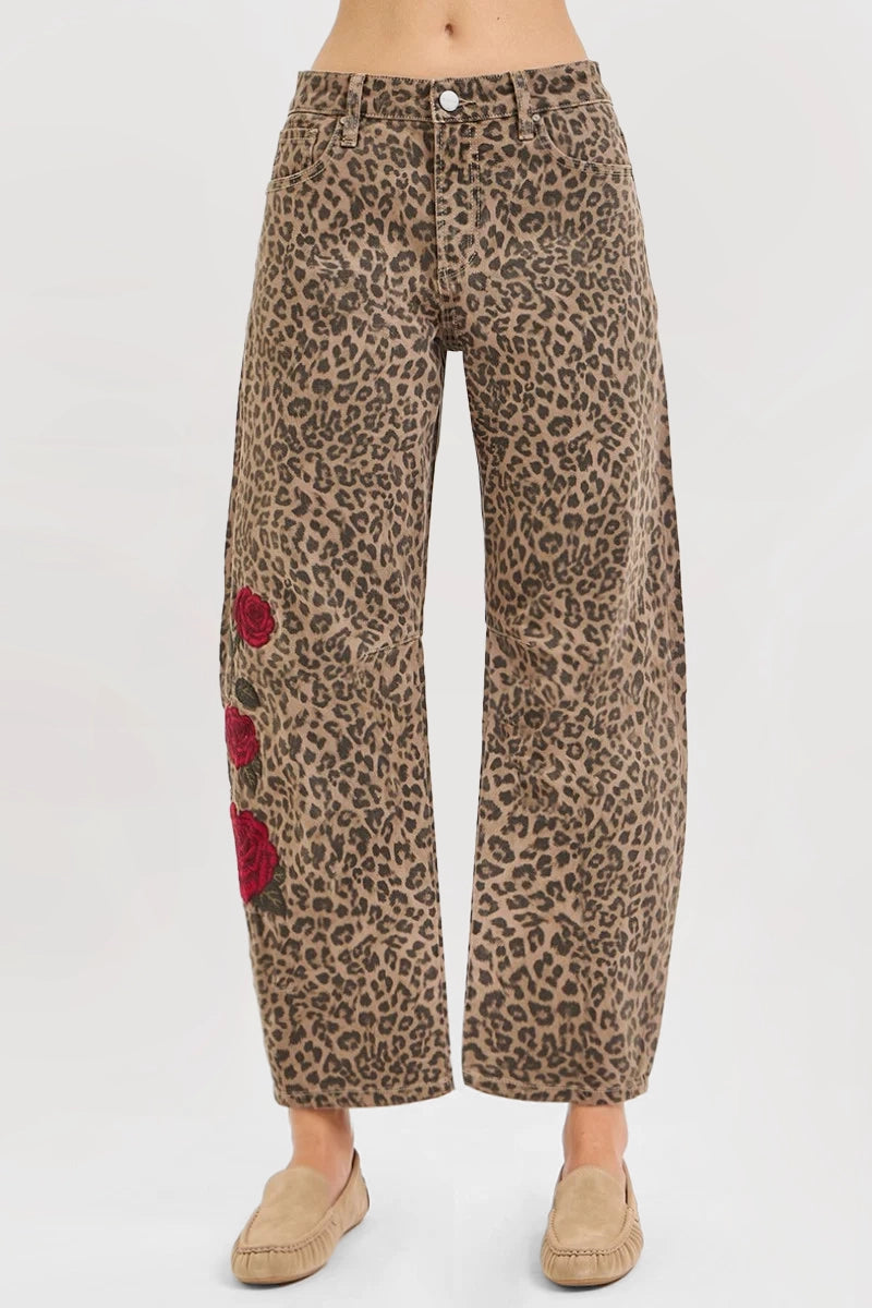 SLOUCHY BARREL ROSE EMBROIDERED LEOPARD PRINT PANTS
