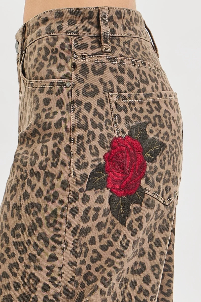 SLOUCHY BARREL ROSE EMBROIDERED LEOPARD PRINT PANTS