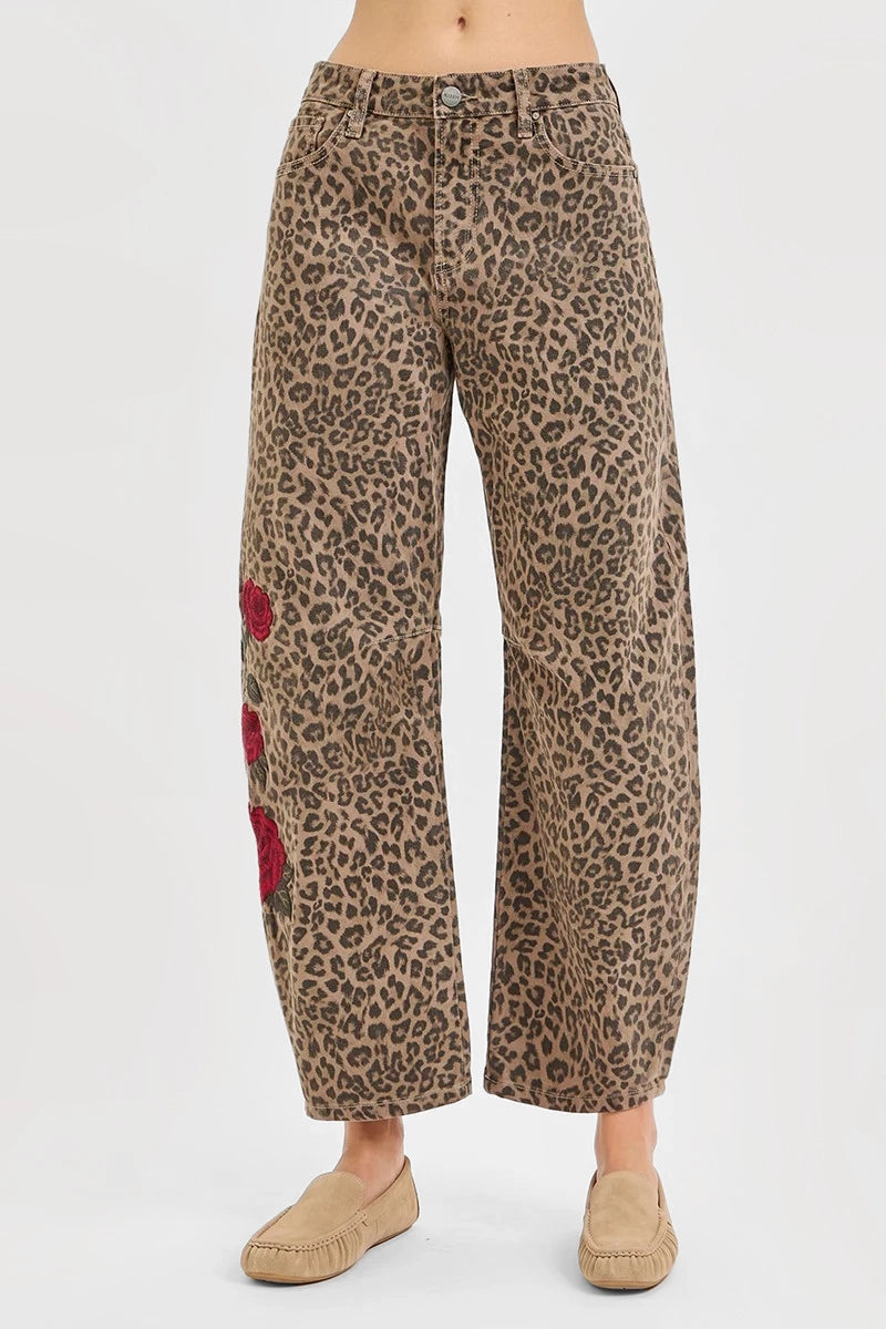 SLOUCHY BARREL ROSE EMBROIDERED LEOPARD PRINT PANTS
