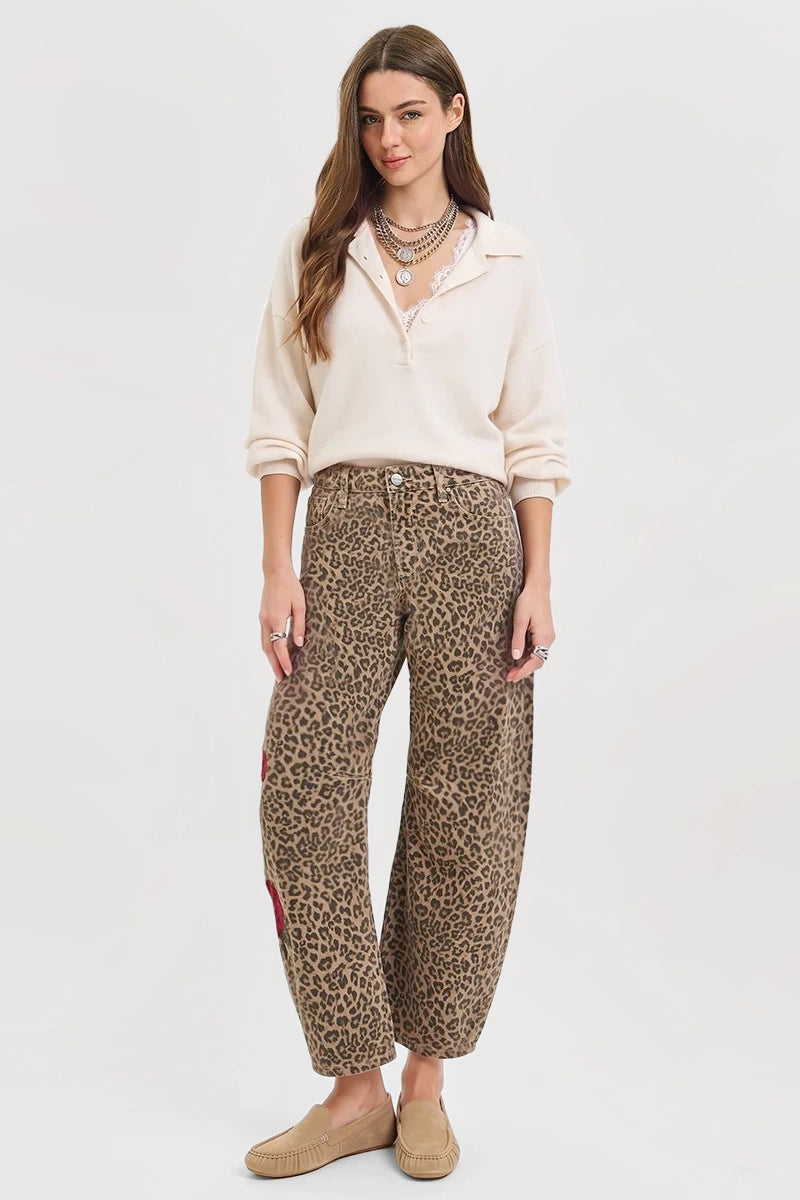 SLOUCHY BARREL ROSE EMBROIDERED LEOPARD PRINT PANTS