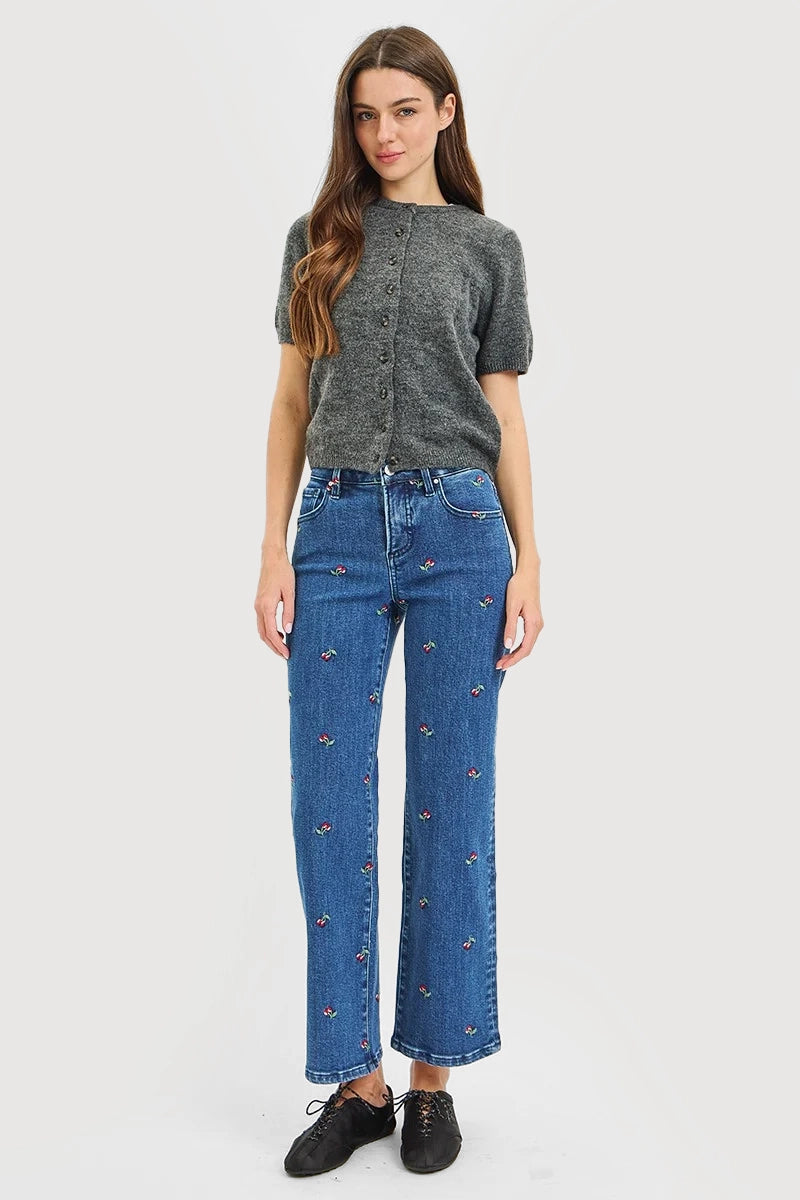 TUMMY CONTROL HIGH RISE ANKLE STRAIGHT CHERRY EMBROIDERED