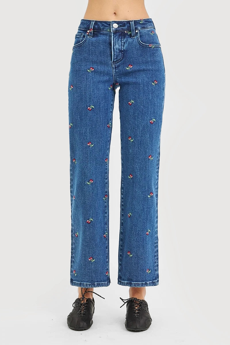 TUMMY CONTROL HIGH RISE ANKLE STRAIGHT CHERRY EMBROIDERED