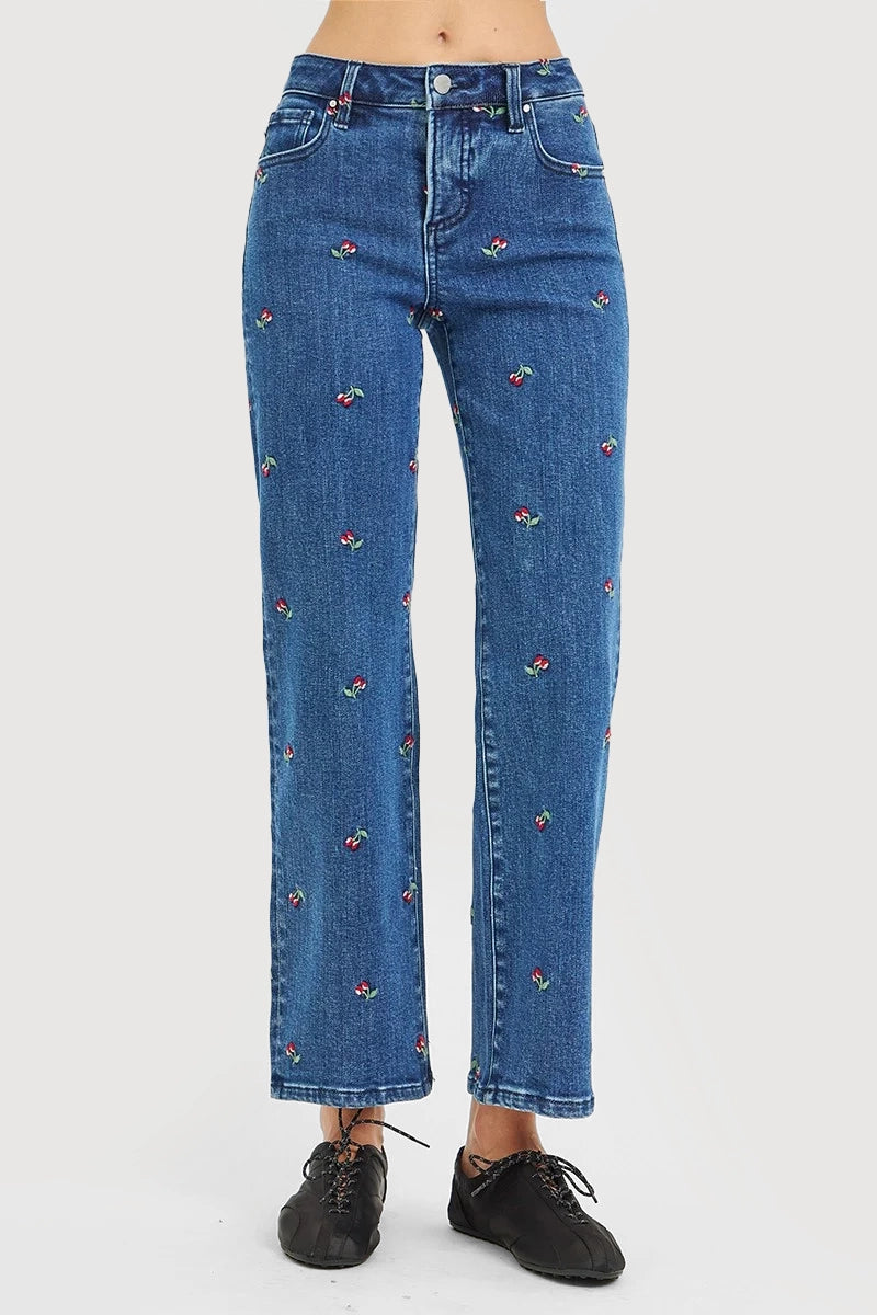 TUMMY CONTROL HIGH RISE ANKLE STRAIGHT CHERRY EMBROIDERED