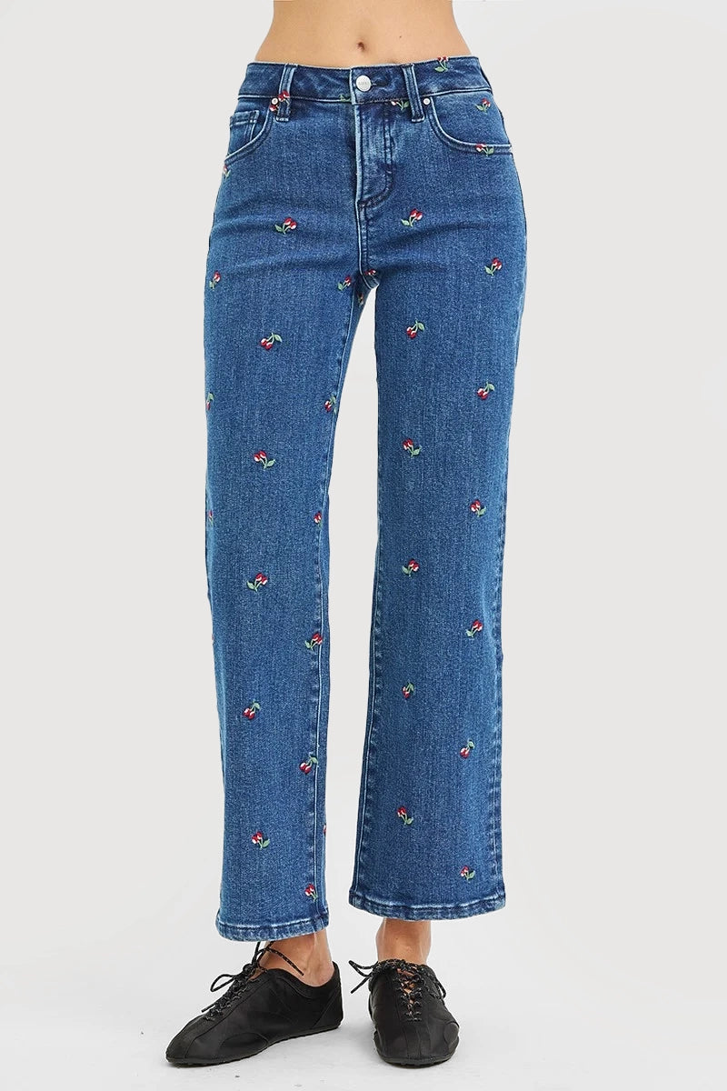 TUMMY CONTROL HIGH RISE ANKLE STRAIGHT CHERRY EMBROIDERED