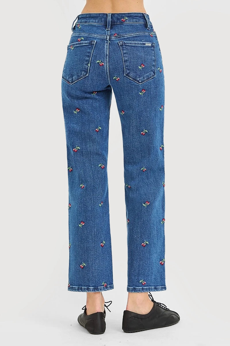 TUMMY CONTROL HIGH RISE ANKLE STRAIGHT CHERRY EMBROIDERED