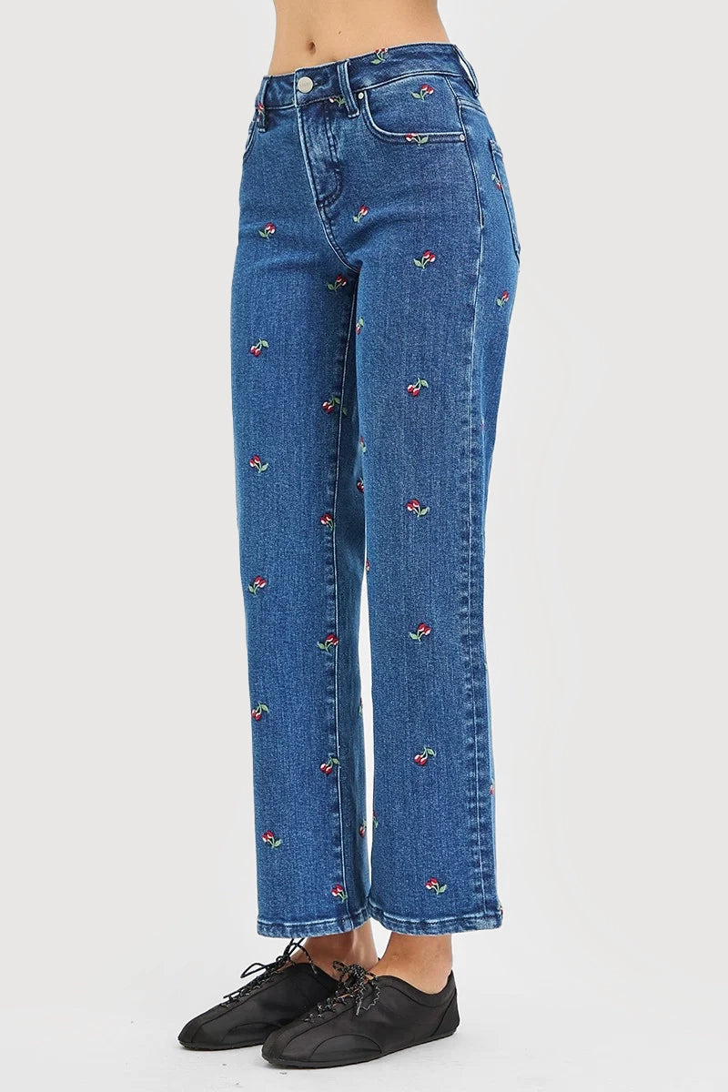 TUMMY CONTROL HIGH RISE ANKLE STRAIGHT CHERRY EMBROIDERED