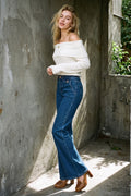 HIGH RISE WIDE FLARE FRONT FLAP DETAIL JEANS