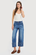 HIGH RISE CROP WIDE JEANS WITH PLAID CUFFS
