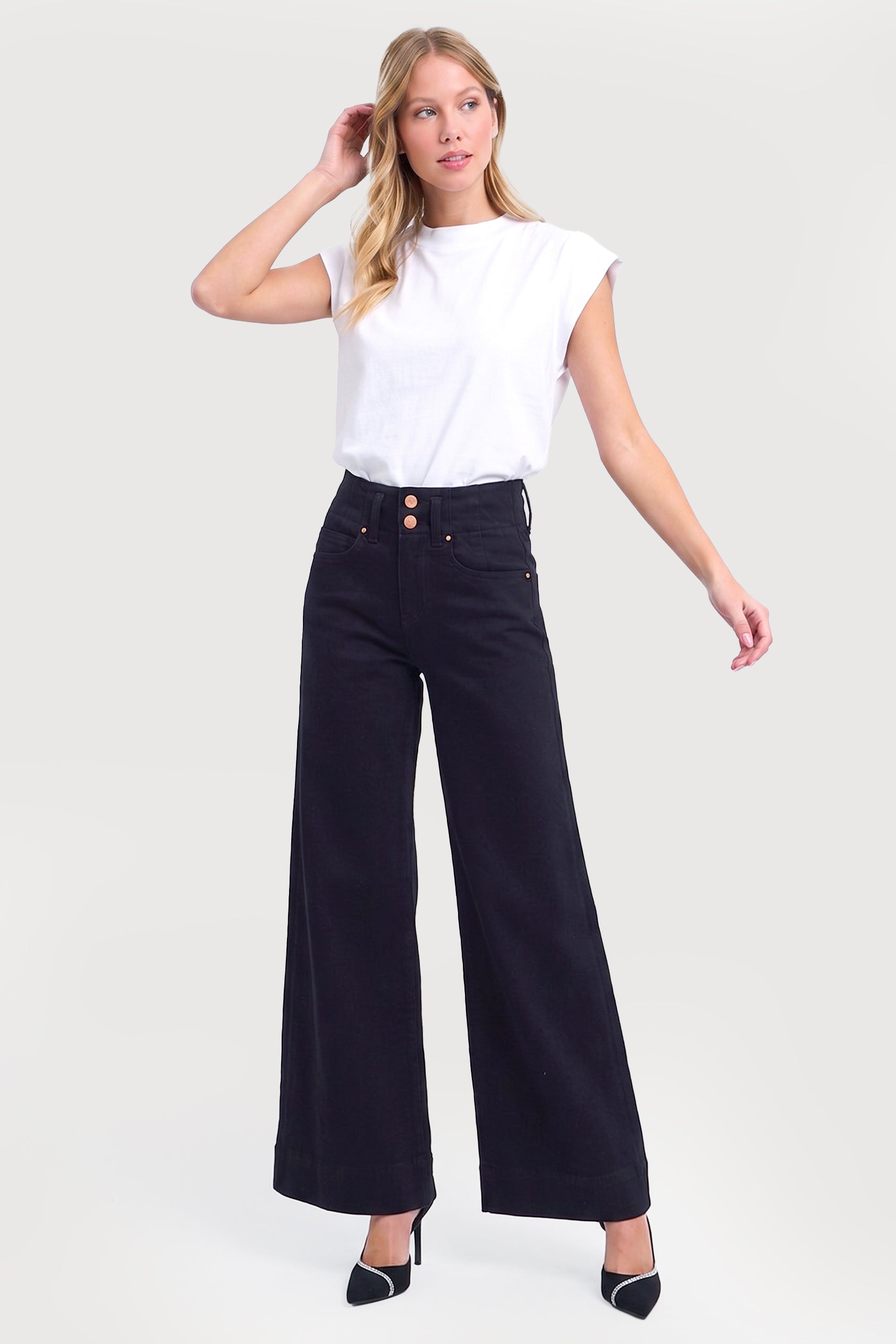 HIGH RISE ANKLE WIDE DOUBLE BUTTON DETAIL PANTS