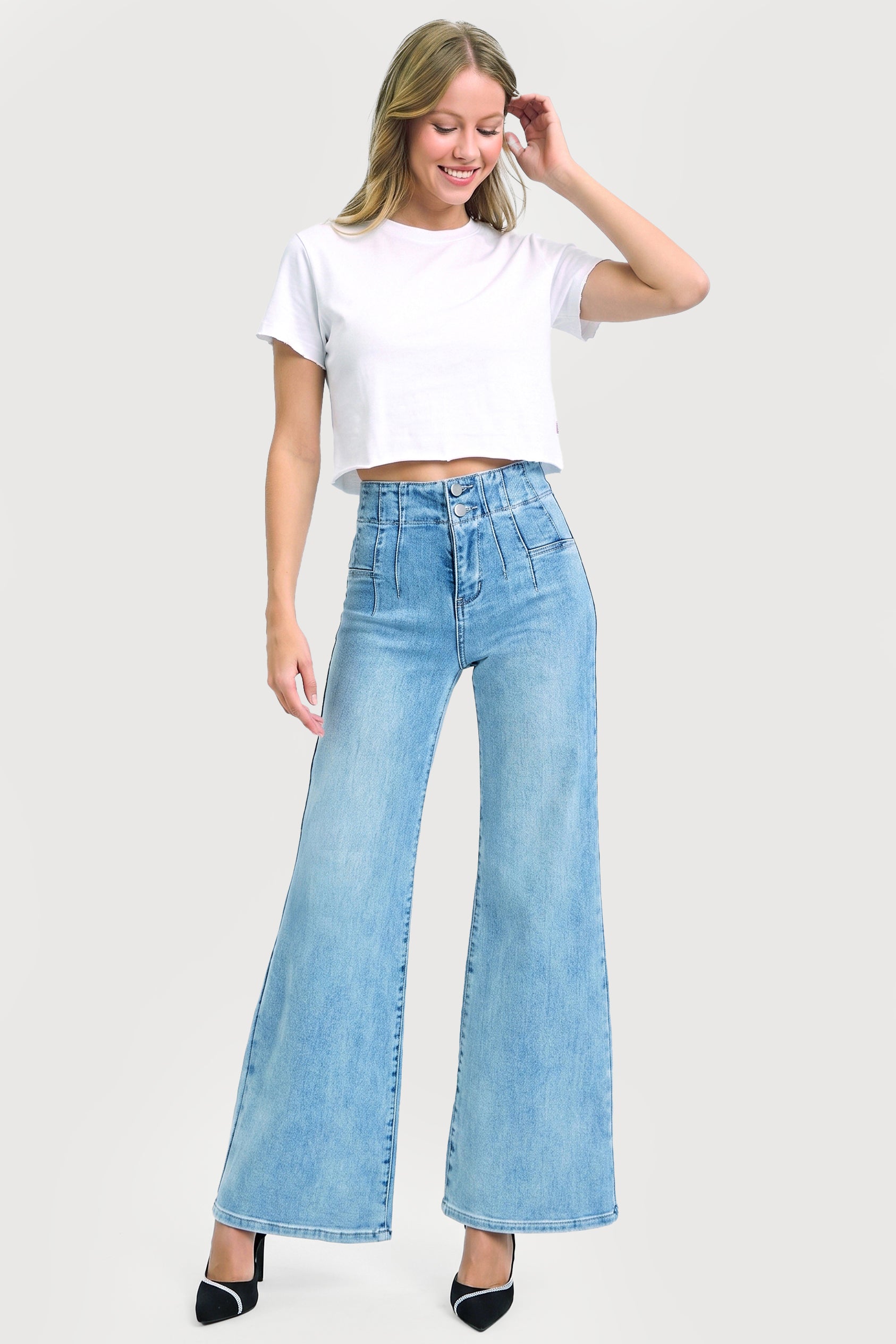 HIGH RISE WIDE FRONT & BACK DART WAIST JEANS