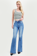 TUMMY CONTORL HIGH RISE FLARE CONTRAST STITCH JEANS