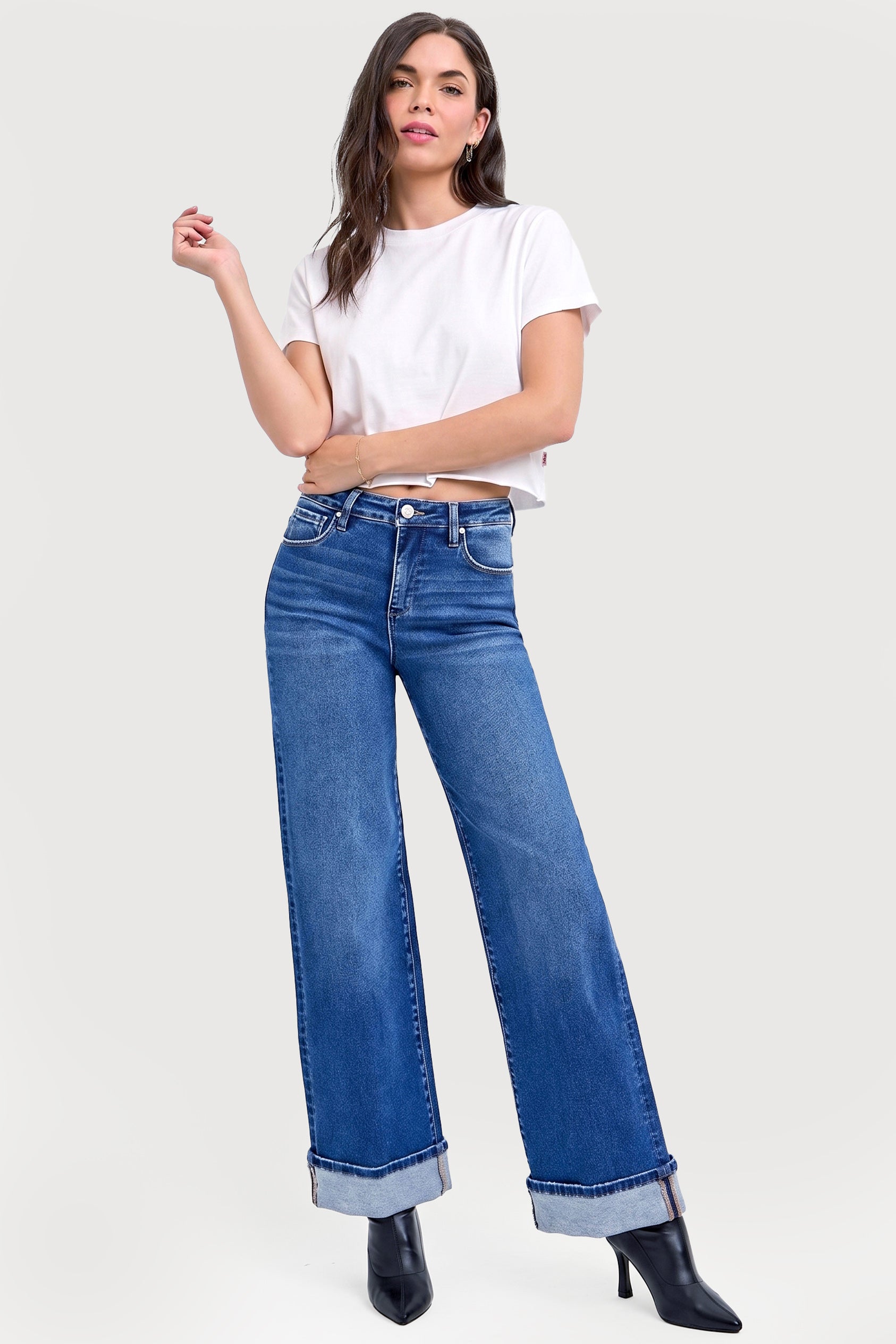TUMMY CONTROL HIGH RISE CUFFED WIDE JEANS