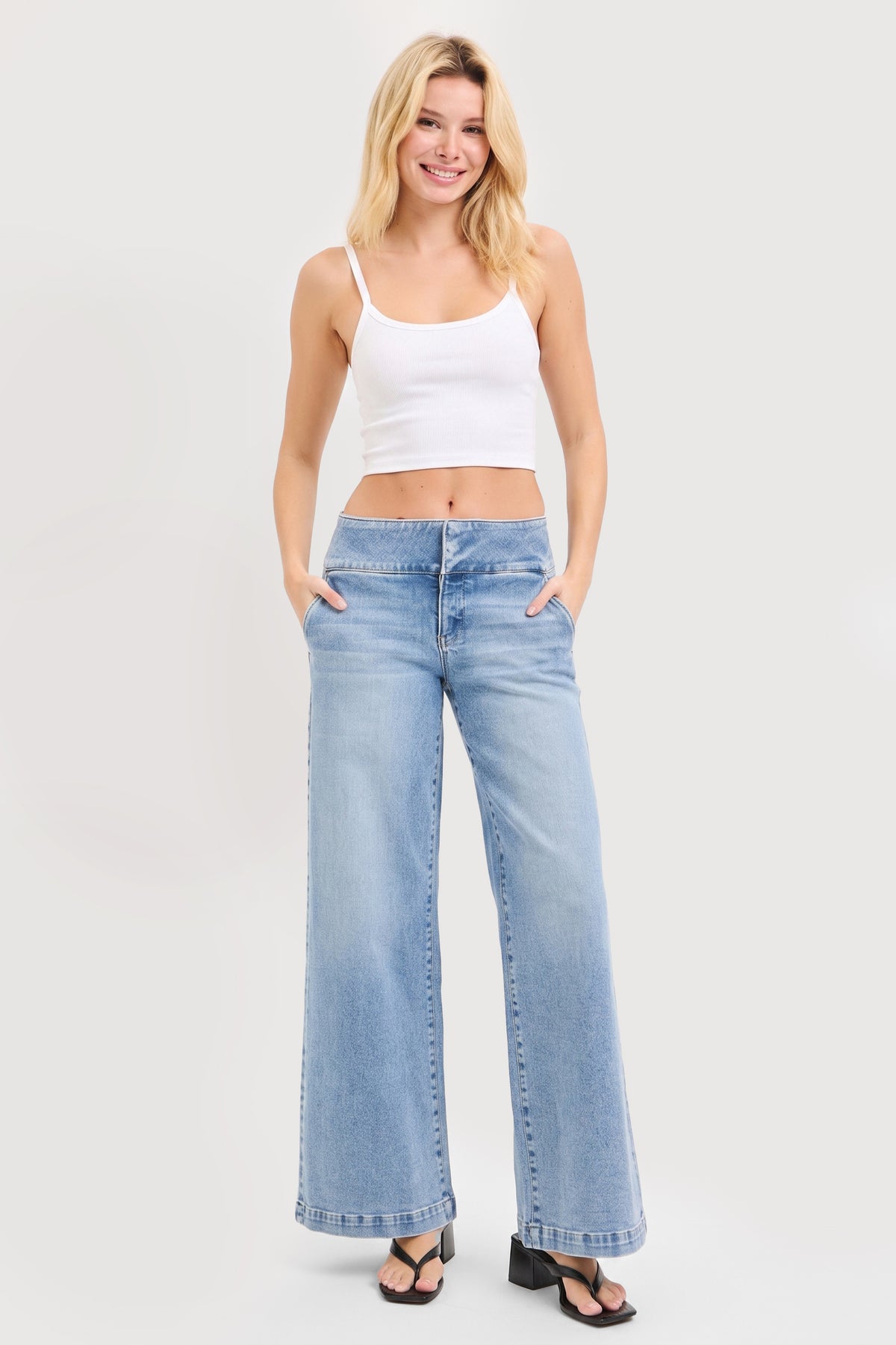 TUMMY CONTROL MID RISE WIDE LEG WIDE WAISTBAND JEANS
