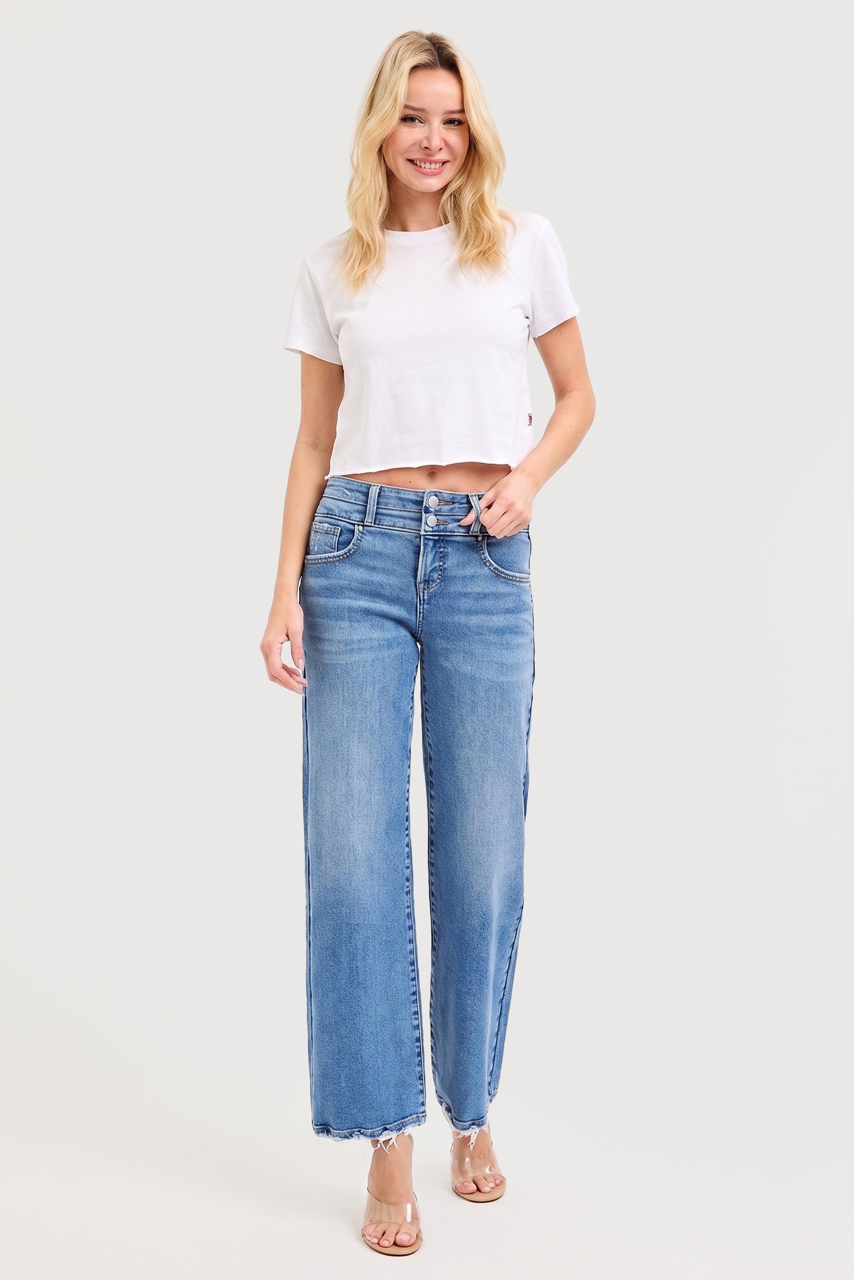 HIGH RISE WIDE JEANS WITH DOUBLE WAIST DETAILS