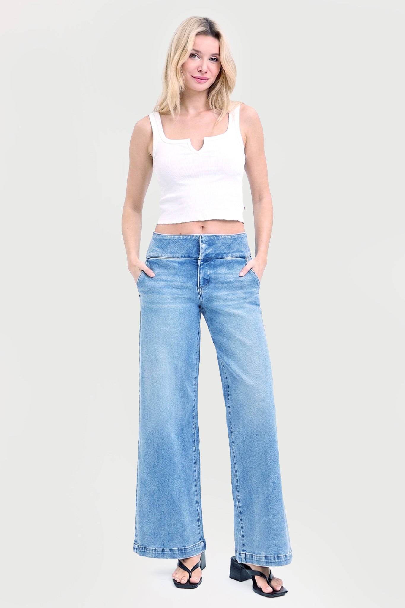 TUMMY CONTROL MID RISE WIDE LEG WIDE WAISTBAND JEANS
