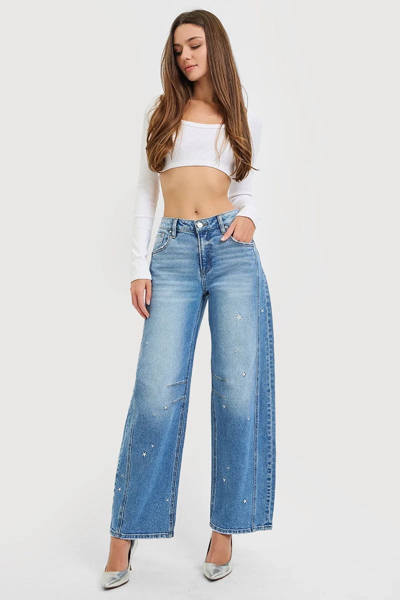SLOUCHY BARREL STAR EMBROIDERED JEANS