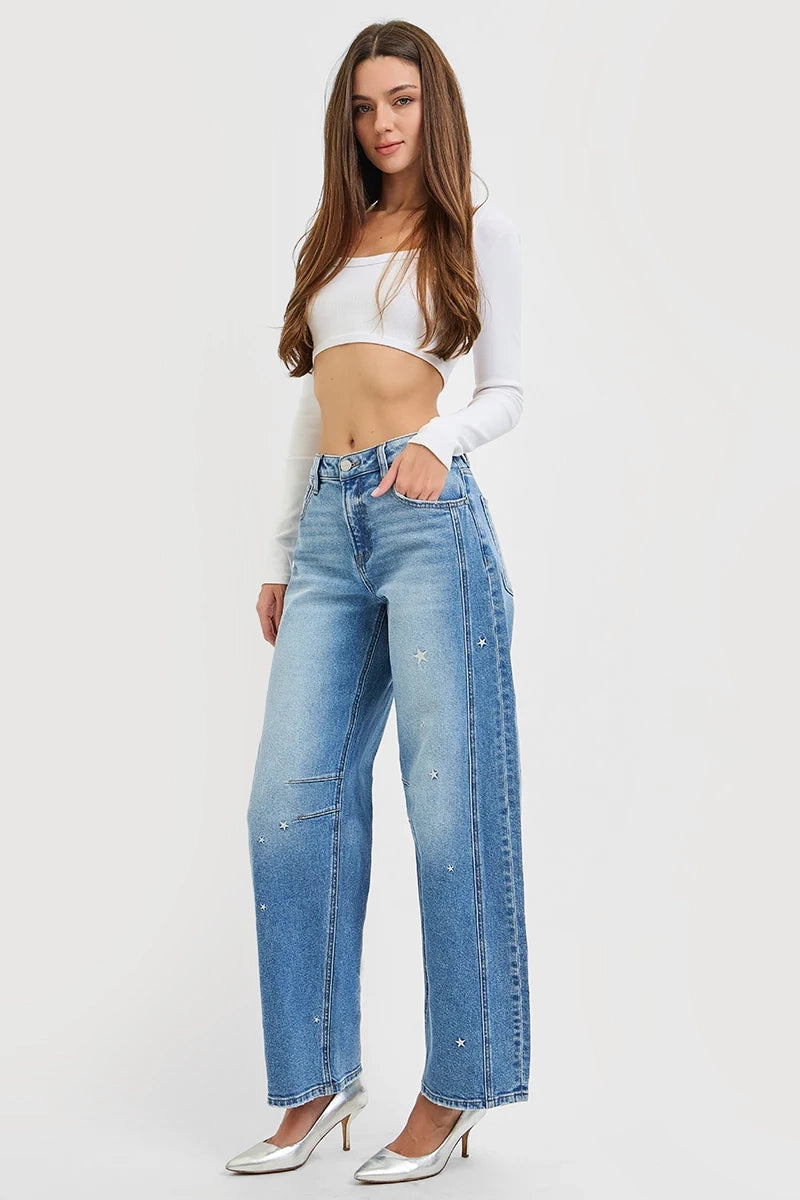 SLOUCHY BARREL STAR EMBROIDERED JEANS