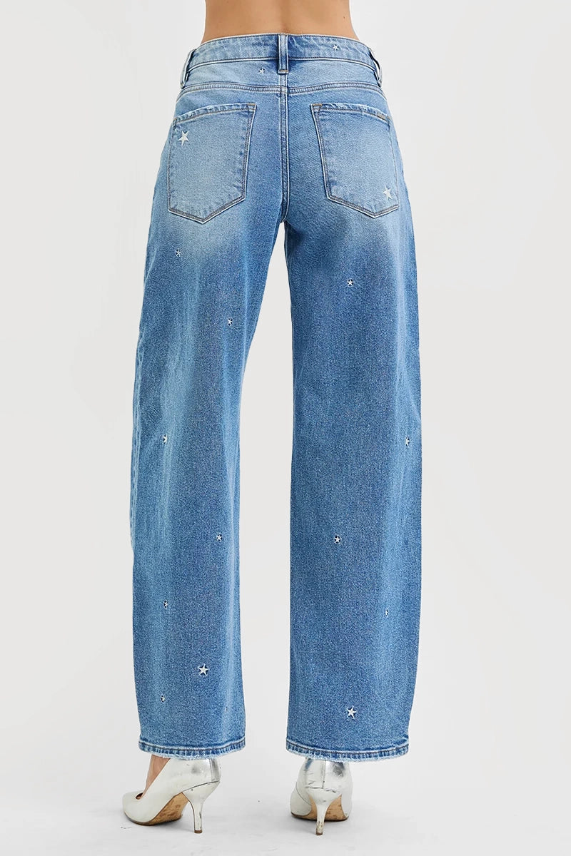 SLOUCHY BARREL STAR EMBROIDERED JEANS