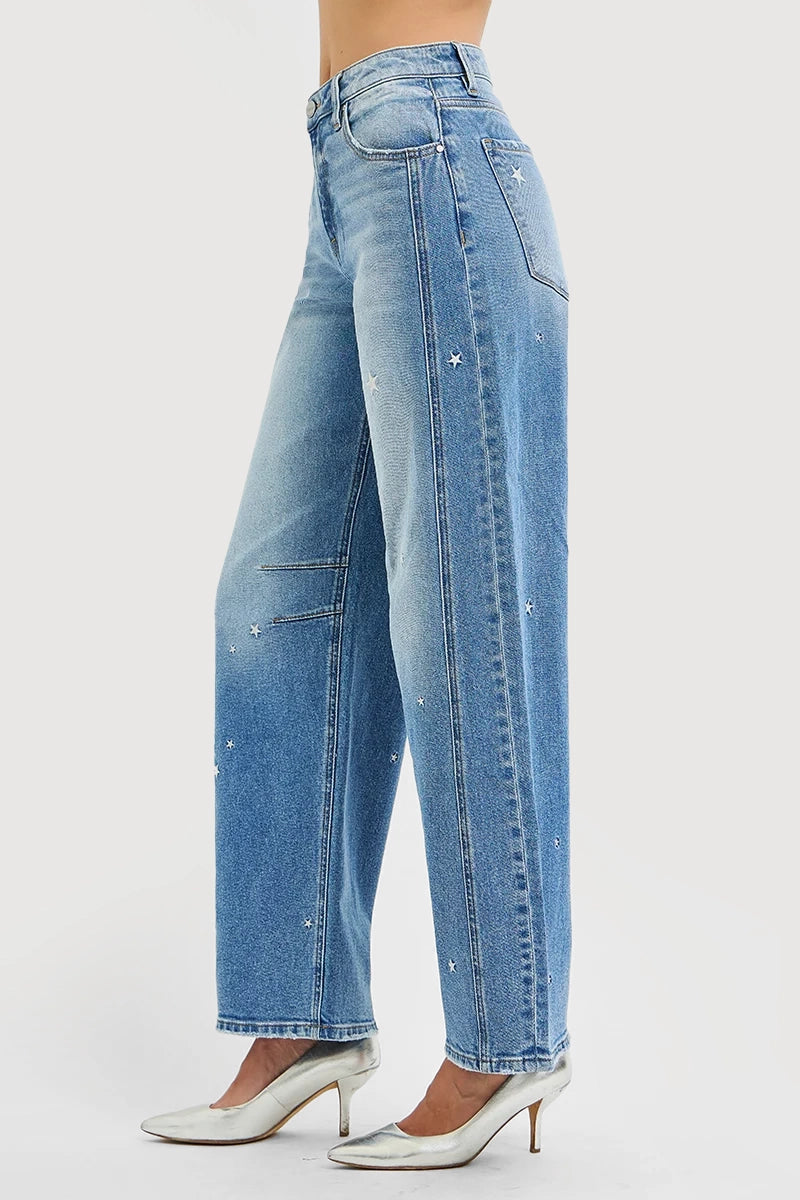 SLOUCHY BARREL STAR EMBROIDERED JEANS