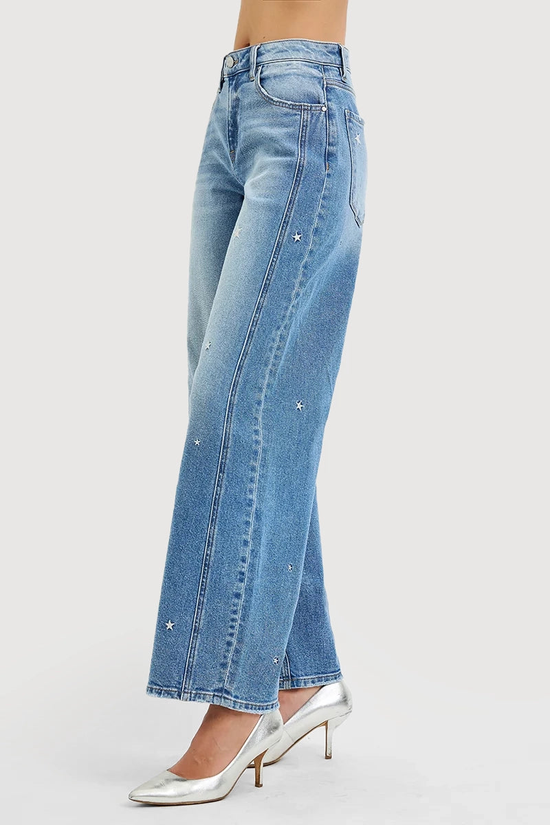 SLOUCHY BARREL STAR EMBROIDERED JEANS