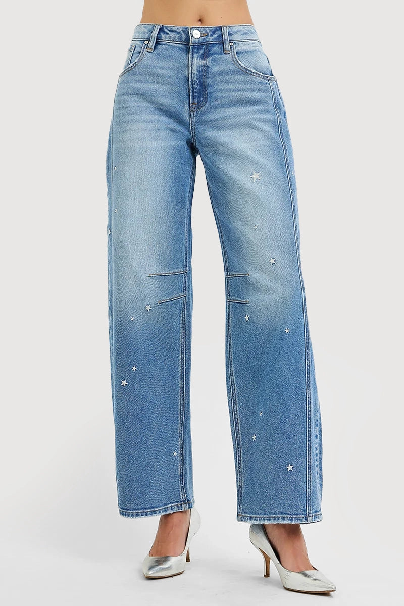 SLOUCHY BARREL STAR EMBROIDERED JEANS