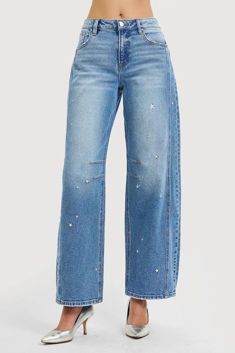 SLOUCHY BARREL STAR EMBROIDERED JEANS