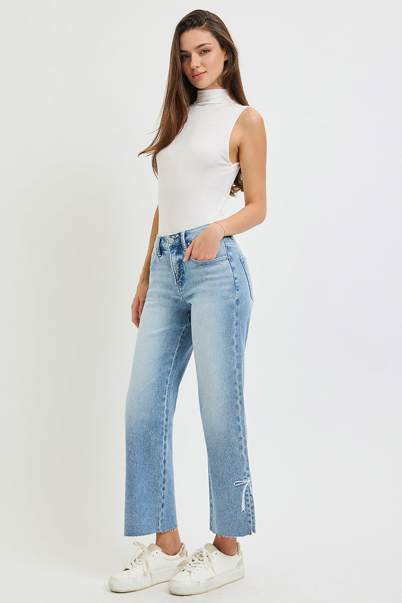 TUMMY CONTROL HIGH RISE CROP STRAIGHT SIDE SLIT AND RIBBON EMBROIDERY JEANS